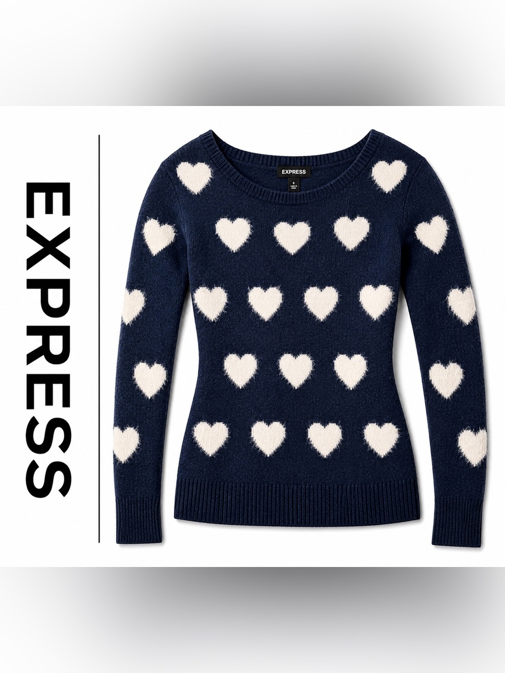 Express Navy and White Heart Sweater